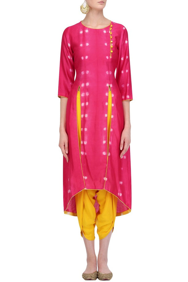 Mustard Yellow &amp; Pink Kurta With Mustard Dhoti