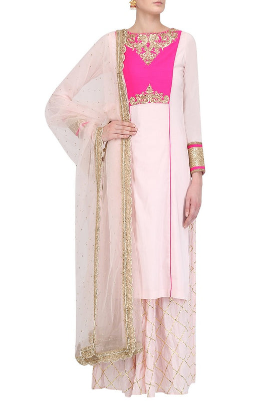 Baby Pink Kurta With Gotapatti Sharara &amp; Baby Pink Net Dupatta