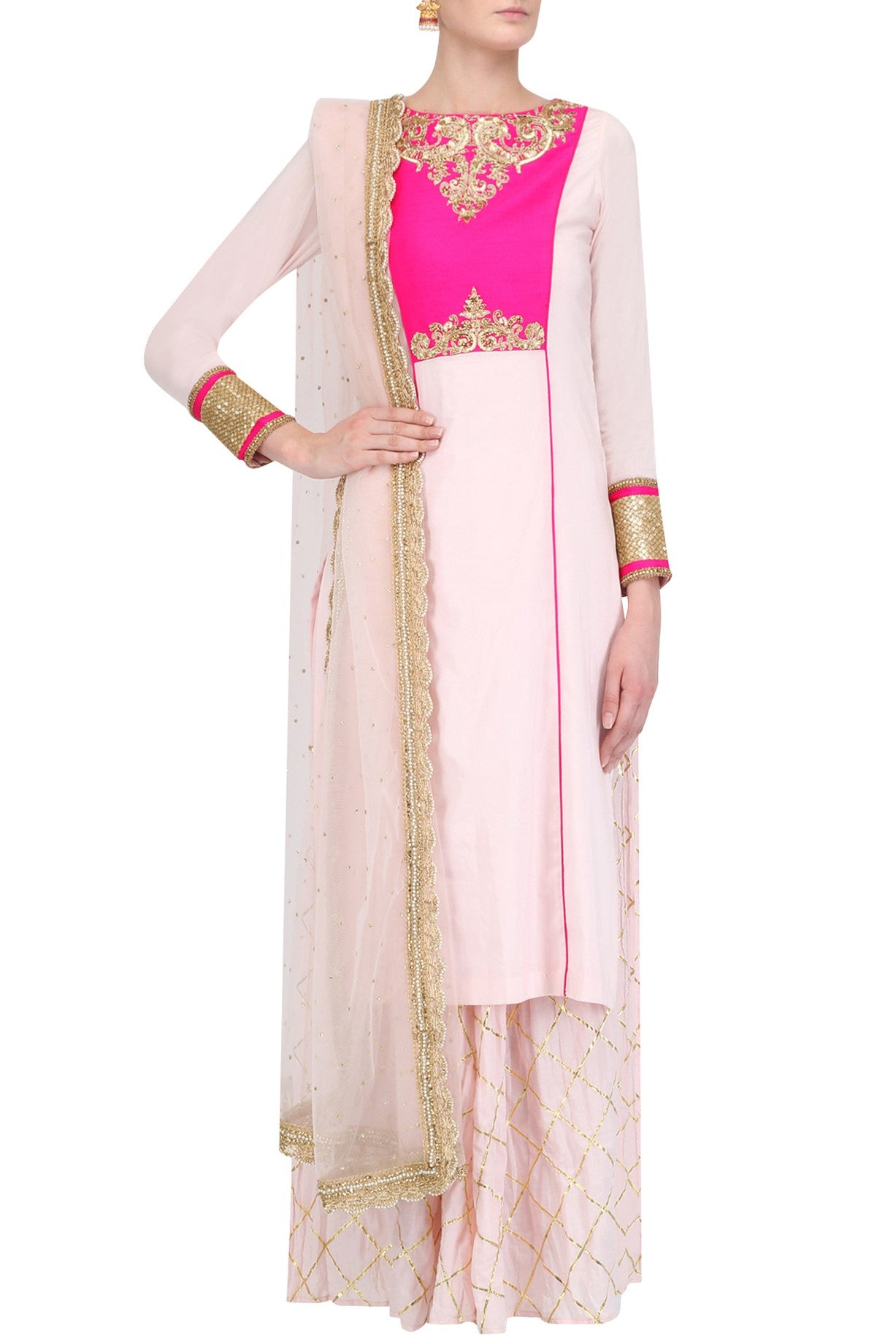 Baby Pink Kurta With Gotapatti Sharara &amp; Baby Pink Net Dupatta