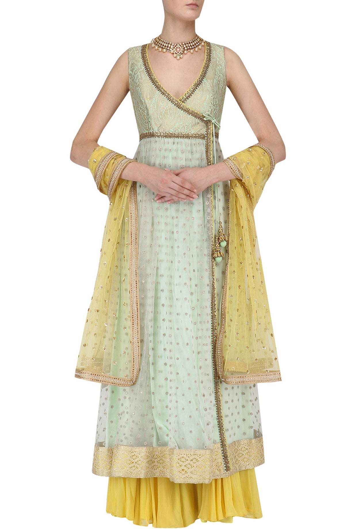 Mint Anarkali &amp; Lemon Yellow Sharara With Dupatta