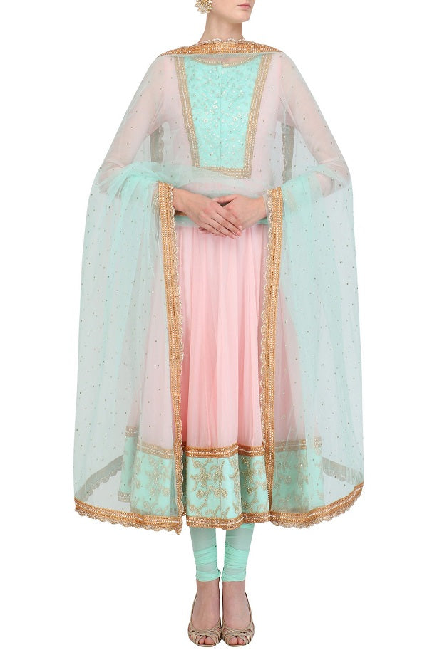 Baby Pink And Aqua Anarkali Set