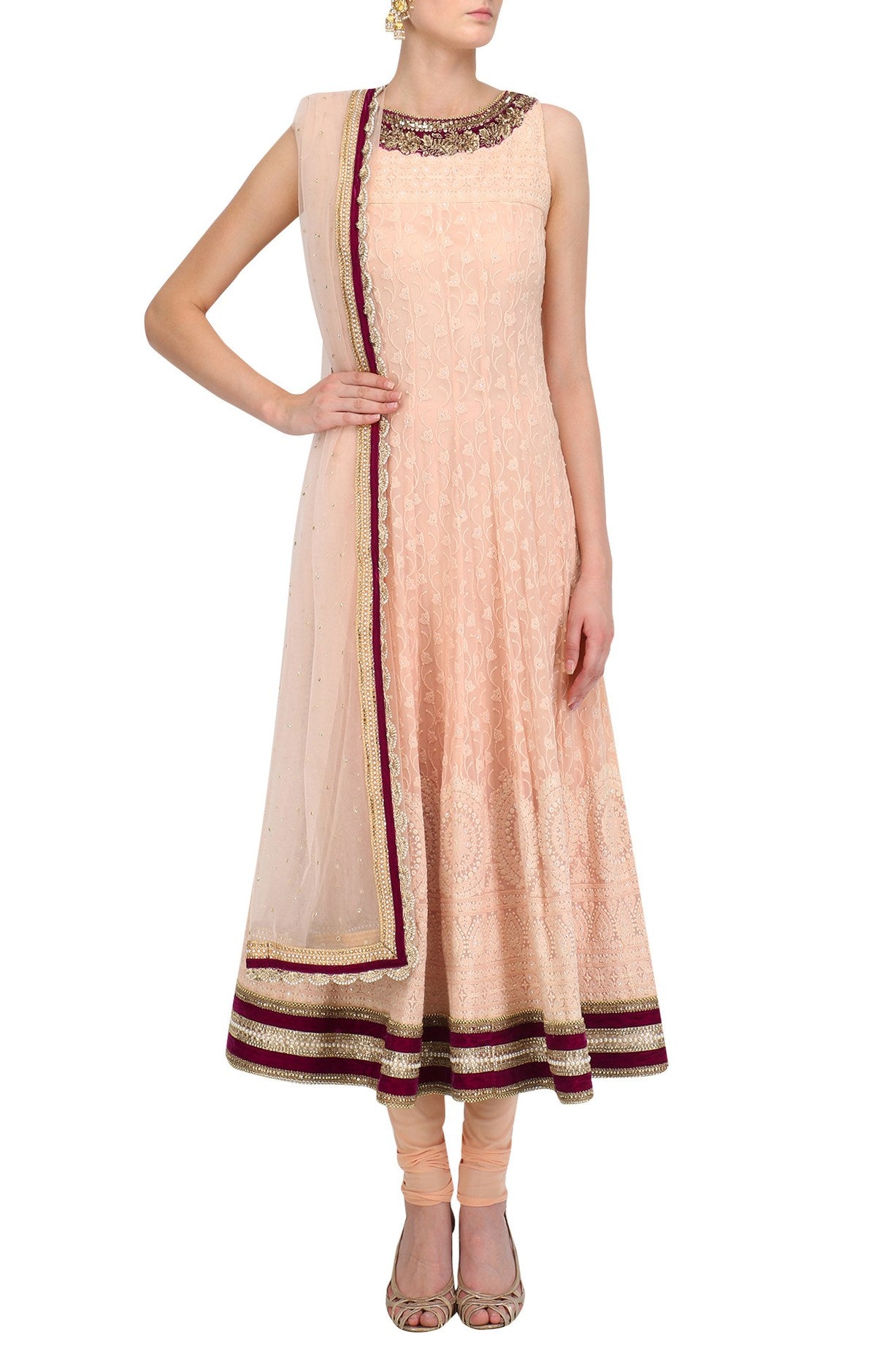 Peach And Wine Lakhnavi Anarkali With Peach Churidar And Dupatta