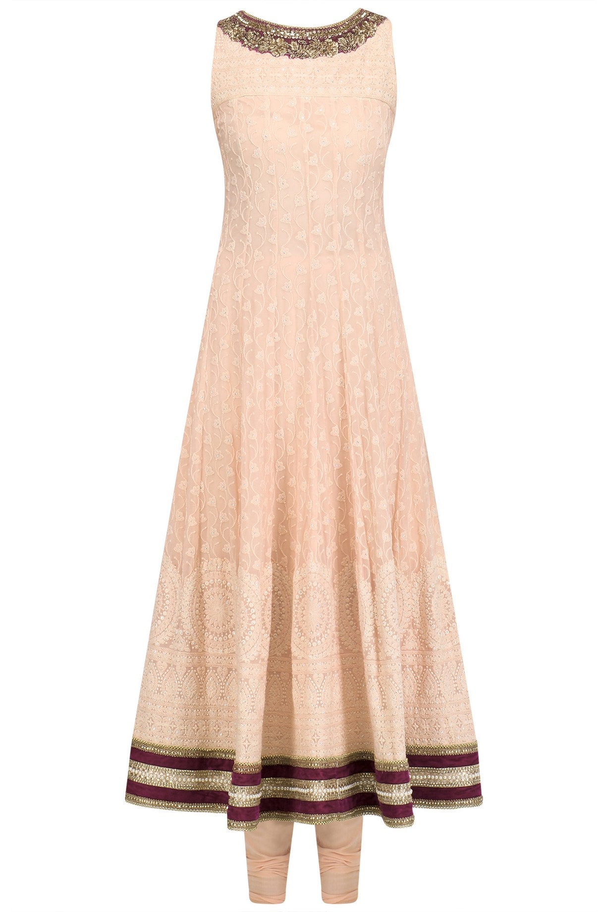 Peach And Wine Lakhnavi Anarkali With Peach Churidar And Dupatta