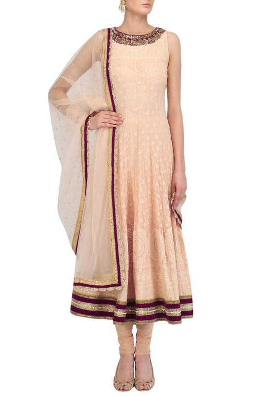 Peach And Wine Lakhnavi Anarkali With Peach Churidar And Dupatta