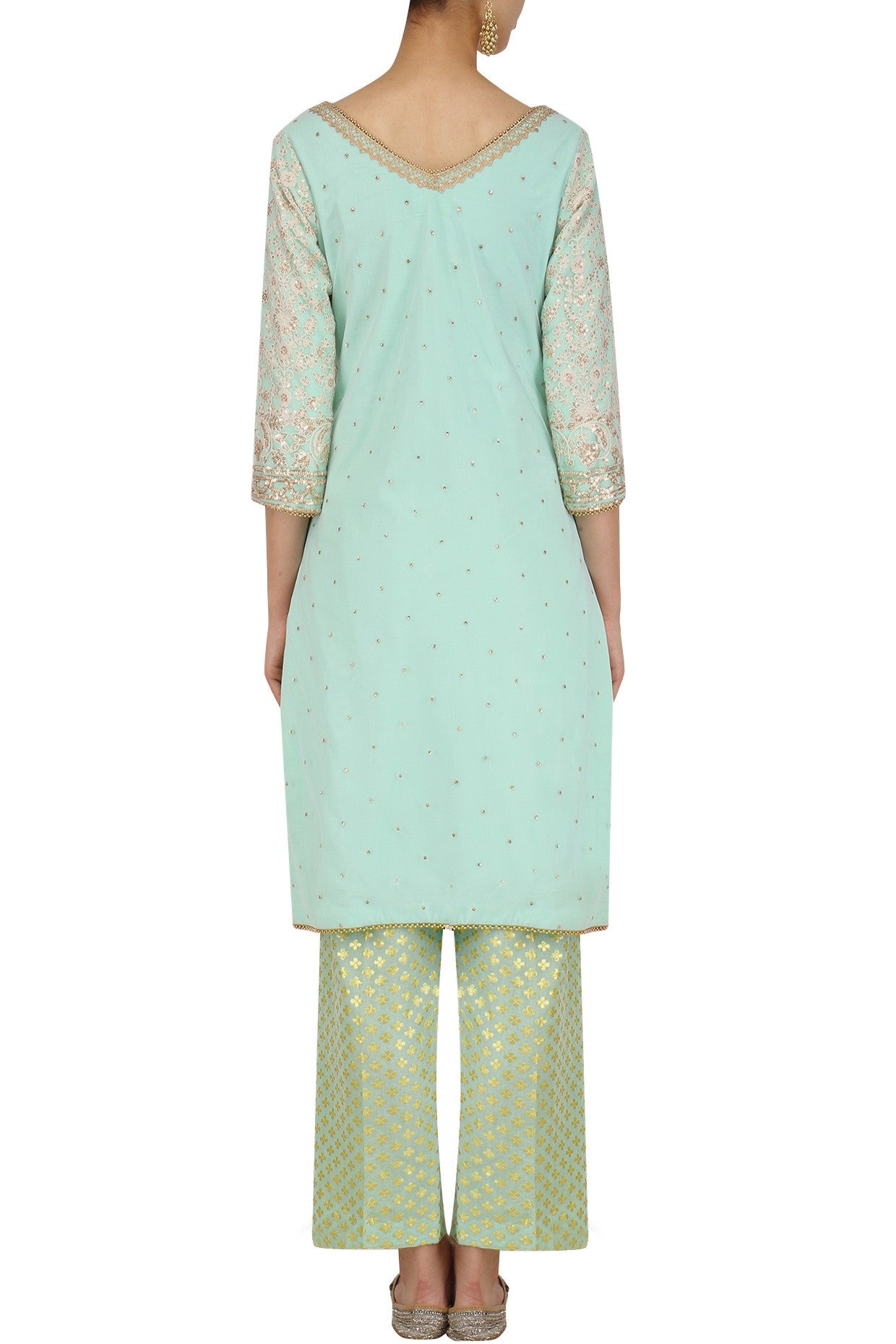 Aqua  Embroidered Kurta, Aqua Brocade Plazo With Yellow Dupatta