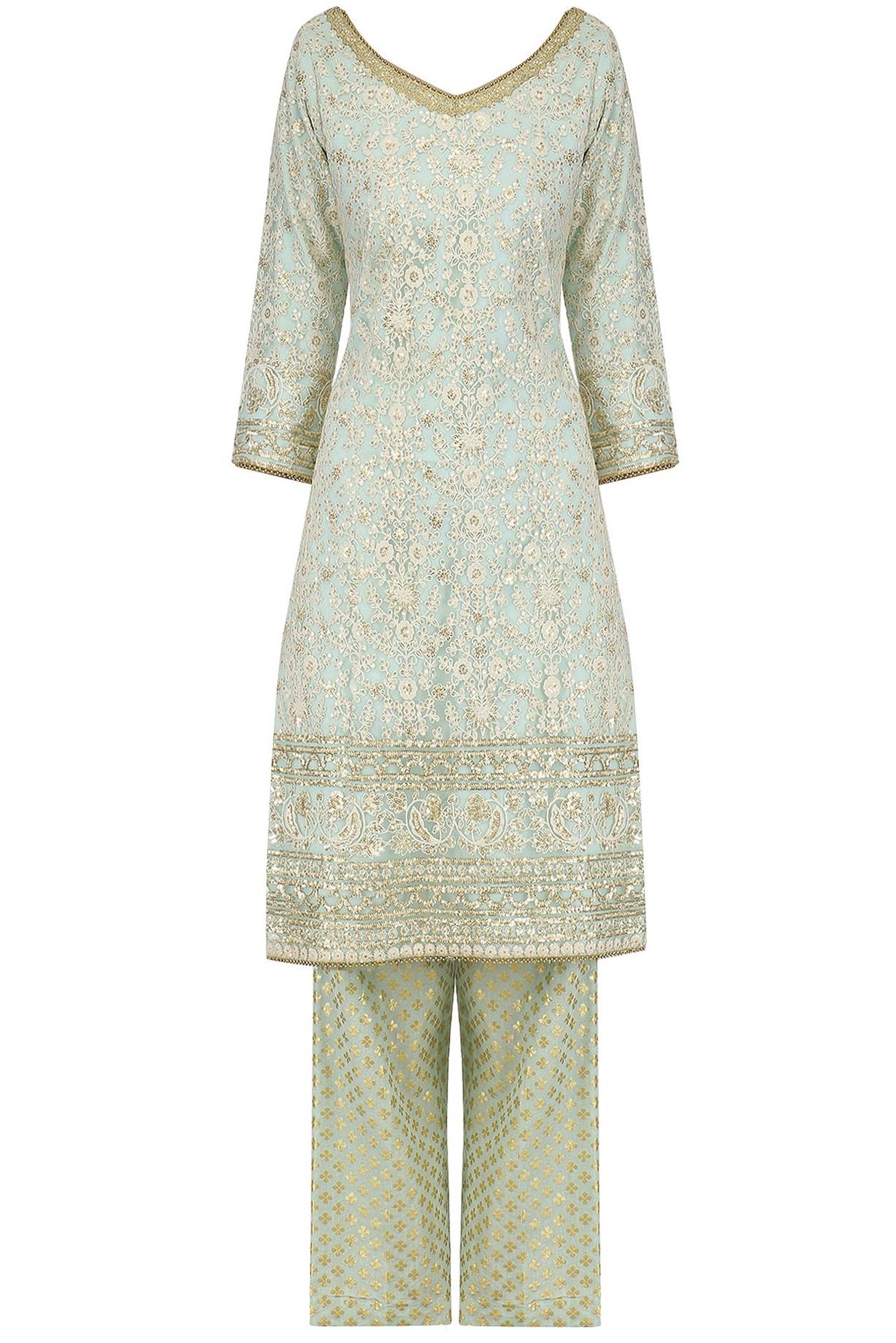 Aqua  Embroidered Kurta, Aqua Brocade Plazo With Yellow Dupatta