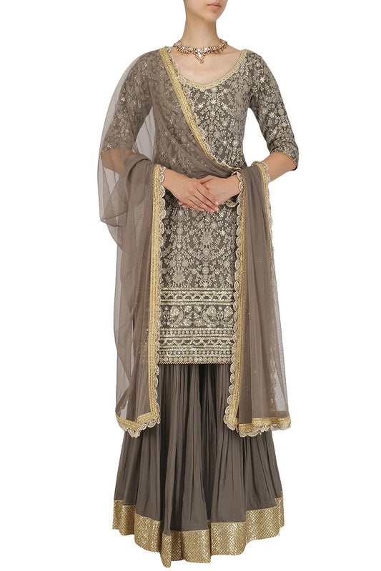 Brown Embroidered Kurta Brown sharara with Brown Dupatta