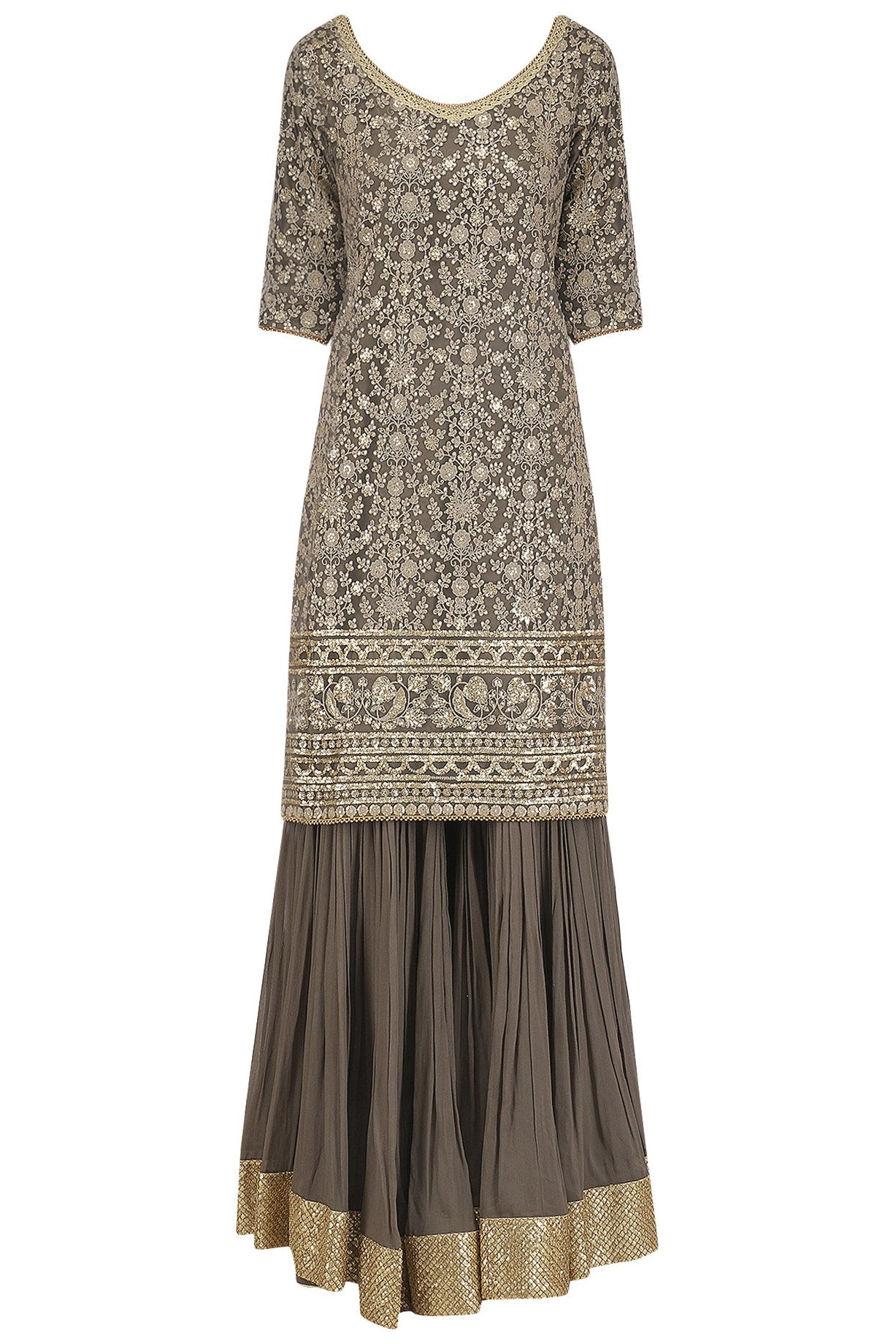 Brown Embroidered Kurta Brown sharara with Brown Dupatta