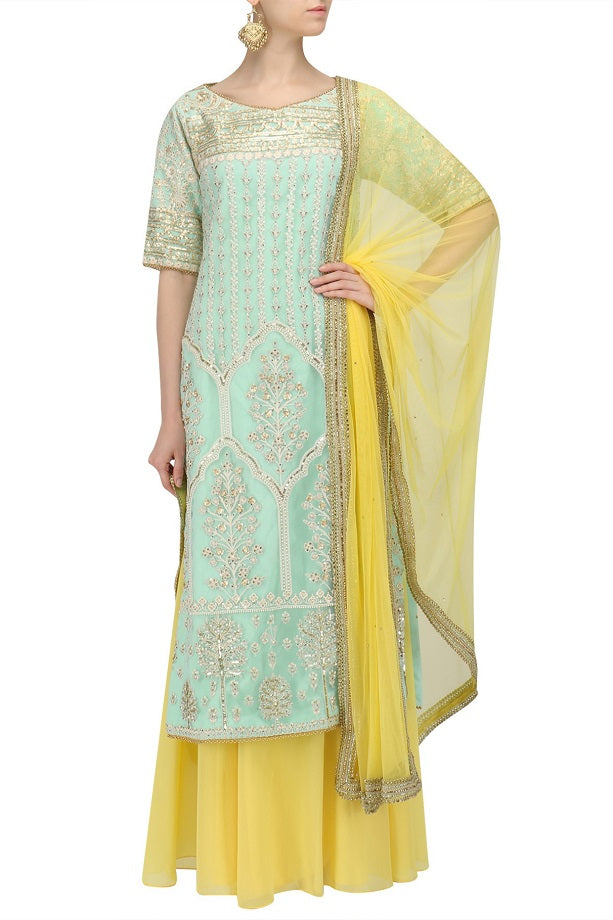 Aqua Embroidered Kurta Yellow Sharara with Dupatta