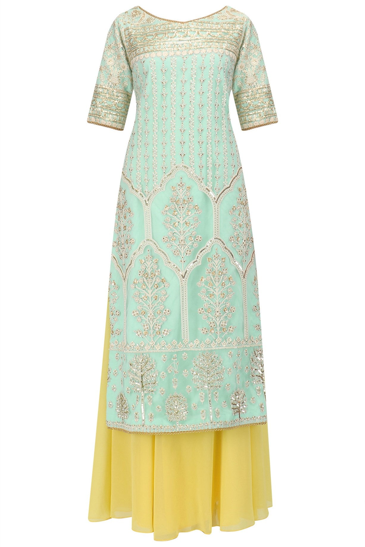 Aqua Embroidered Kurta Yellow Sharara with Dupatta