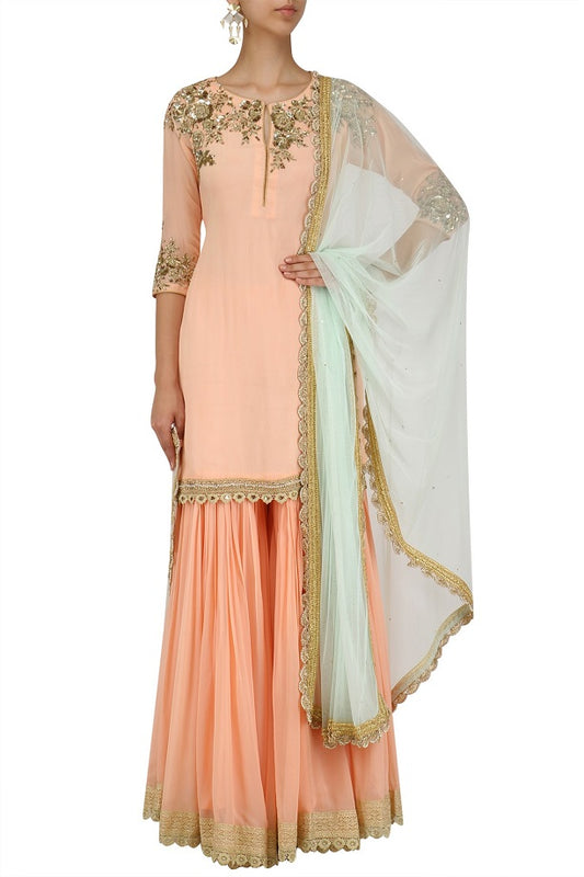 Peach Kurta Peach Sharara with Sea Green Dupatta