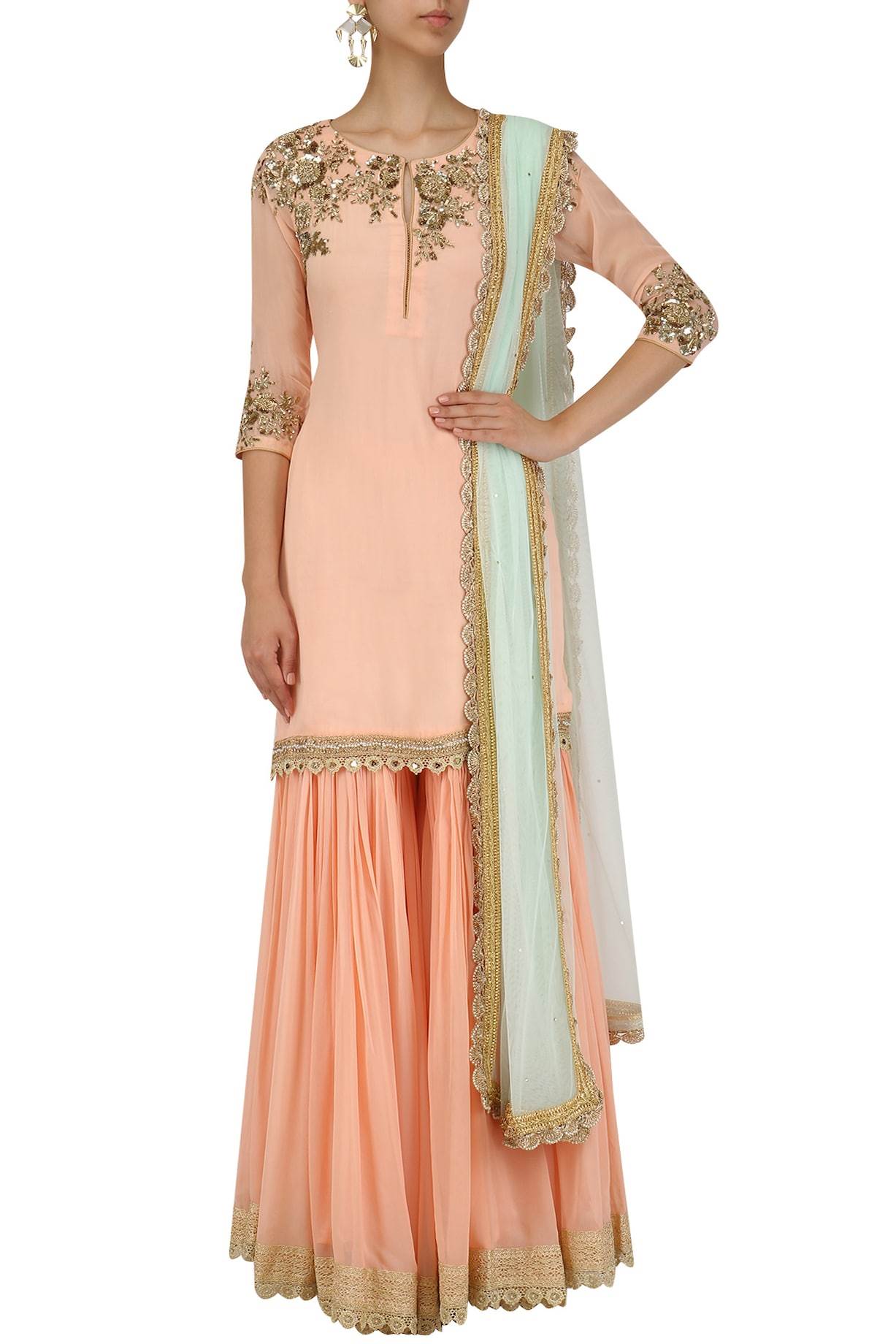 Peach Kurta Peach Sharara with Sea Green Dupatta