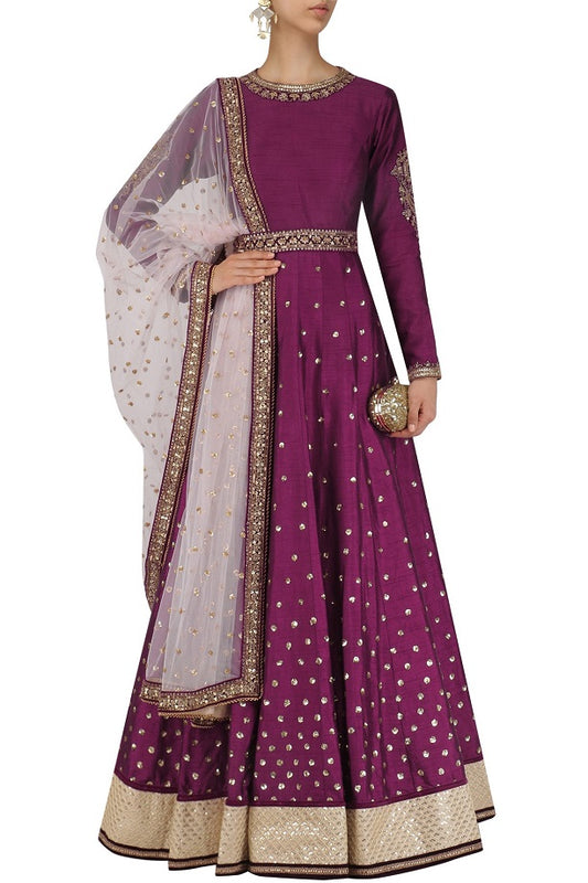 Wine Dupion Anarkali set