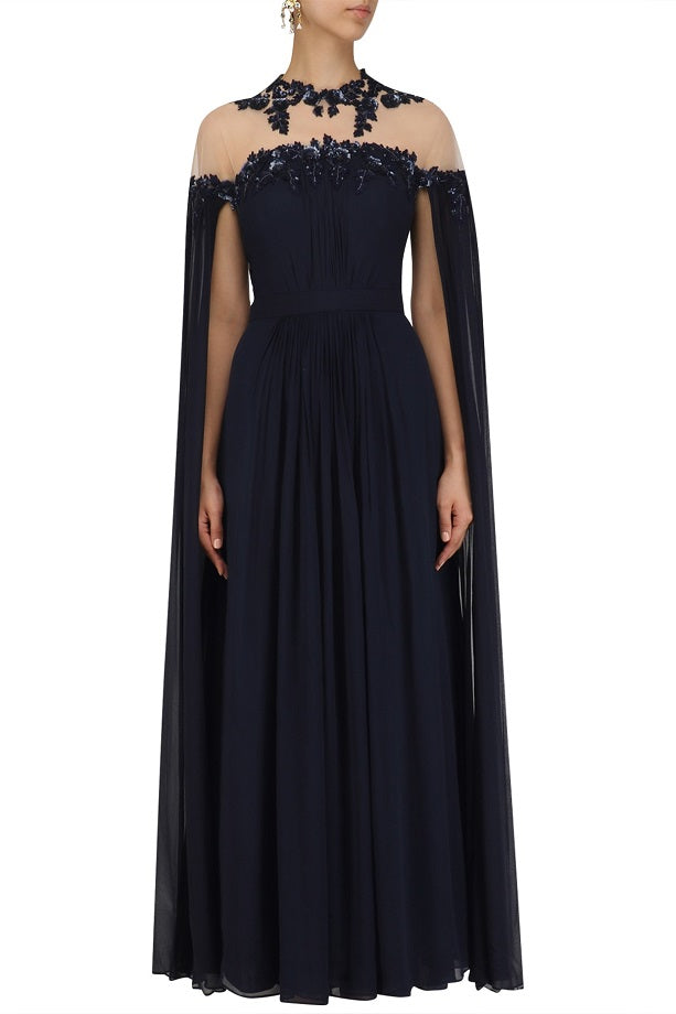 Navy Blue Cape Sleeves Gown