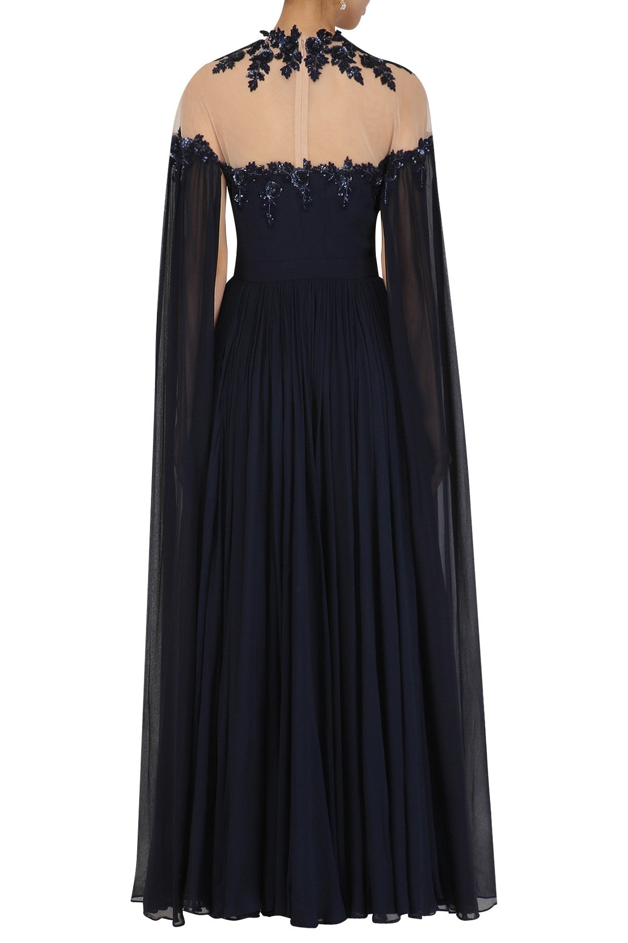 Navy Blue Cape Sleeves Gown