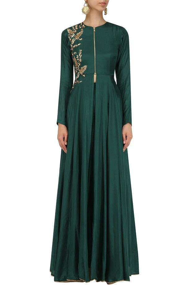 Green Flat Chiffon Jacket with Green Sharara