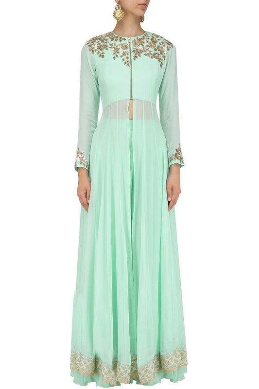 Aqua Flat Chiffon Jacket with Aqua Sharara