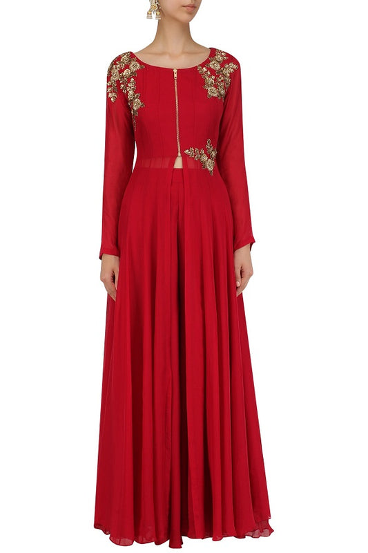 Coral Red Flat Chiffon Jacket with Coral Red Sharara