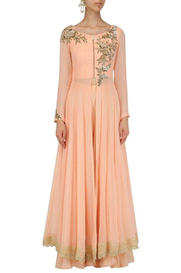 Peach Flat Chiffon Jacket with Peach Sharara