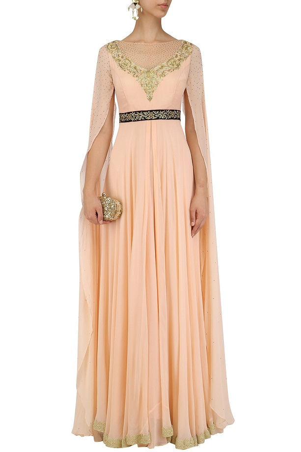 Peach Georgatte  Cape Sleeves  gown