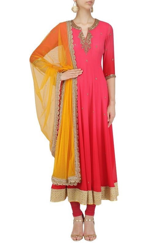 Coral Omre Anarkali With Mustard Dupatta