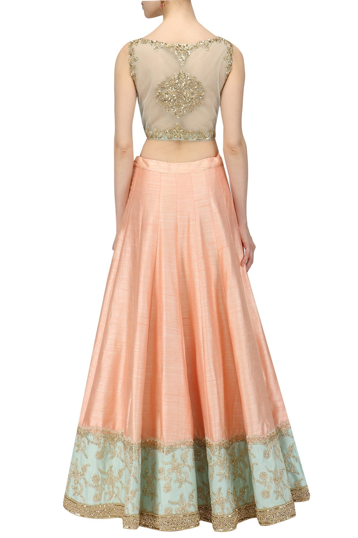 Peach Dupion Lehanga With Aqua Dupatta