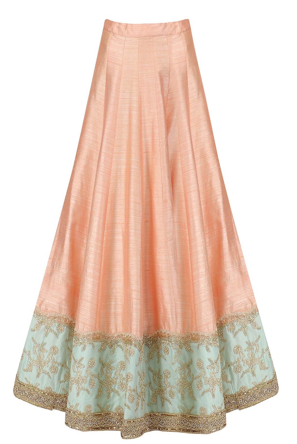 Peach Dupion Lehanga With Aqua Dupatta