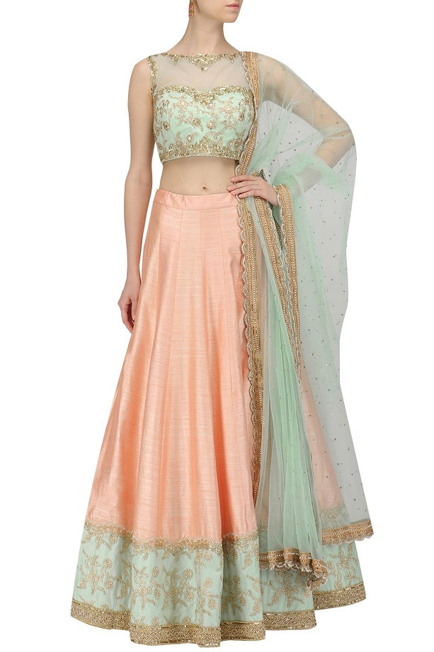 Peach Dupion Lehanga With Aqua Dupatta