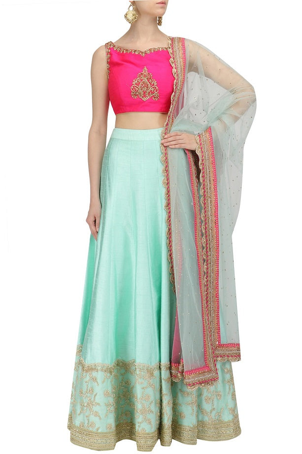 Aqua Dupion Lehanga With Aqua Dupatta