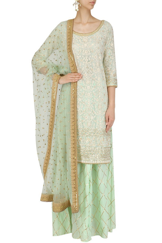 Pista green embroidered kurta With sharara &amp; Pistagreen Dupatta