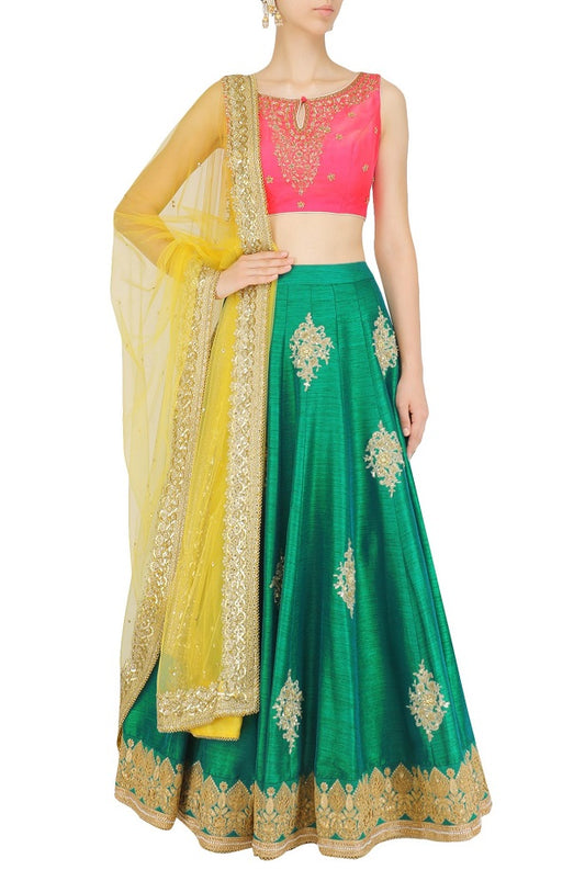 Green Skirt Pink Blouse Yellow Dupatta