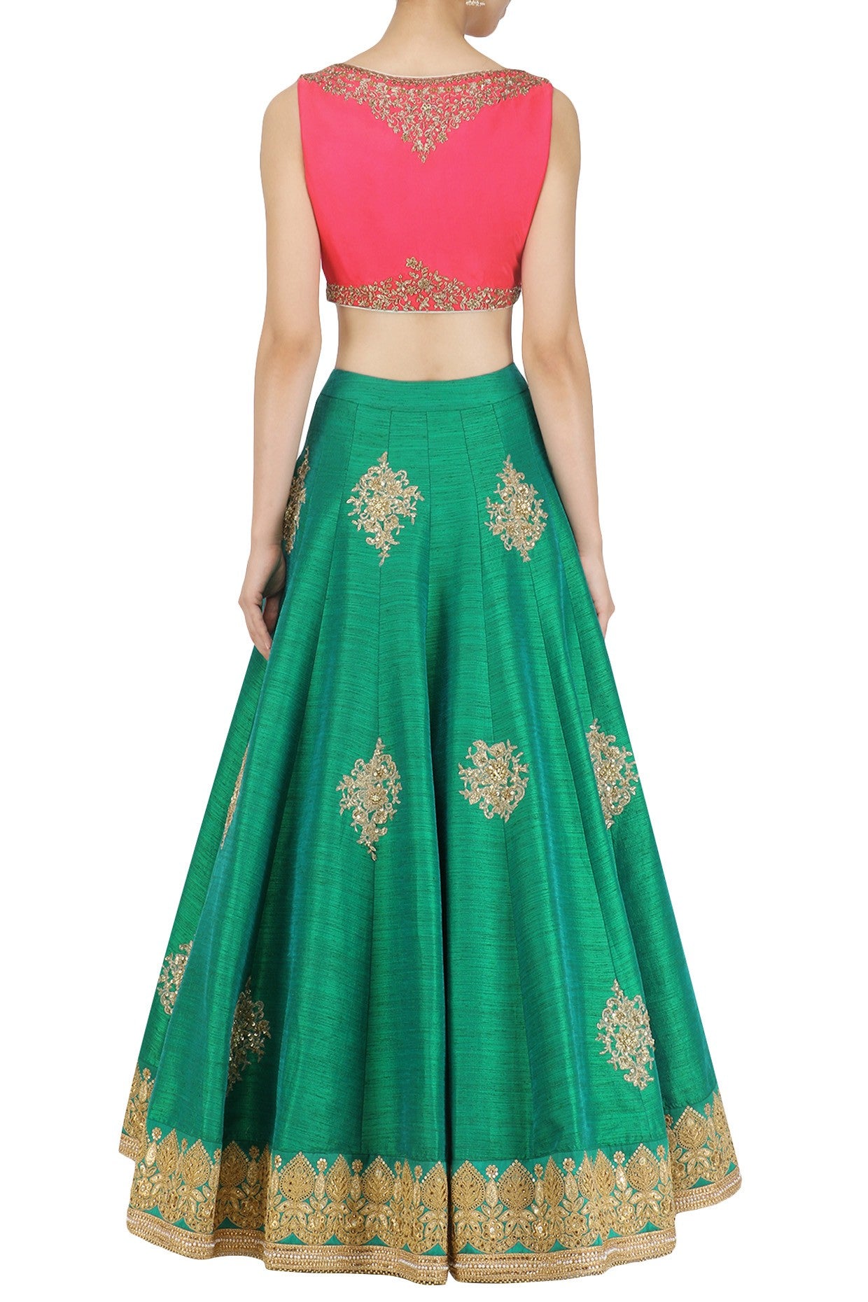 Green Skirt Pink Blouse Yellow Dupatta