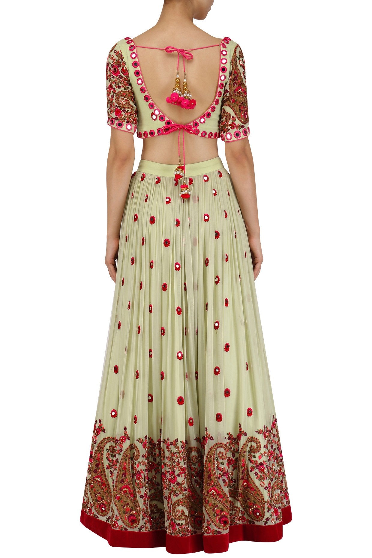 Mint Mirrorwork Skirt Blouse with Fusia Pink Dupatta