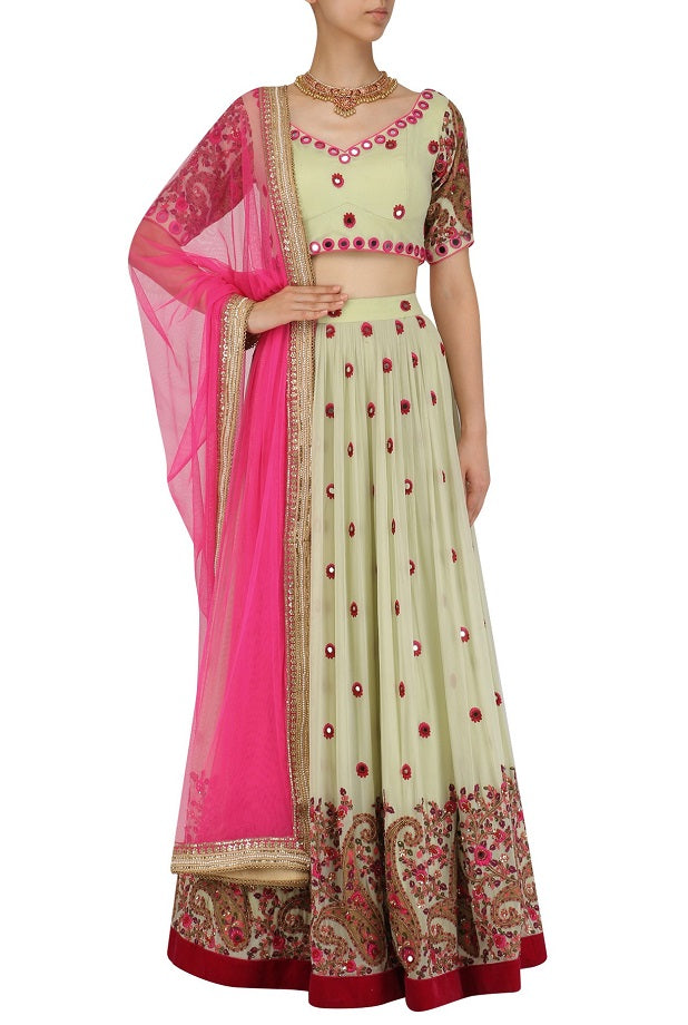 Mint Mirrorwork Skirt Blouse with Fusia Pink Dupatta