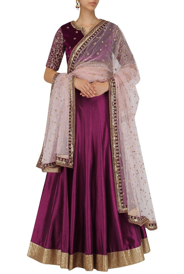 Wine Skirt Wine Blouse with Peach Dupatta