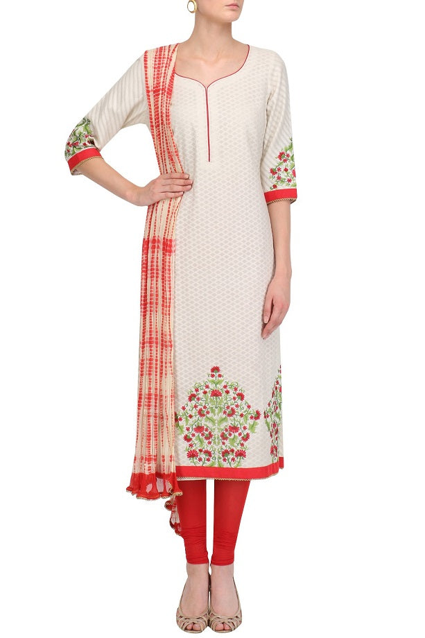 White Cotton Thread Work Suit