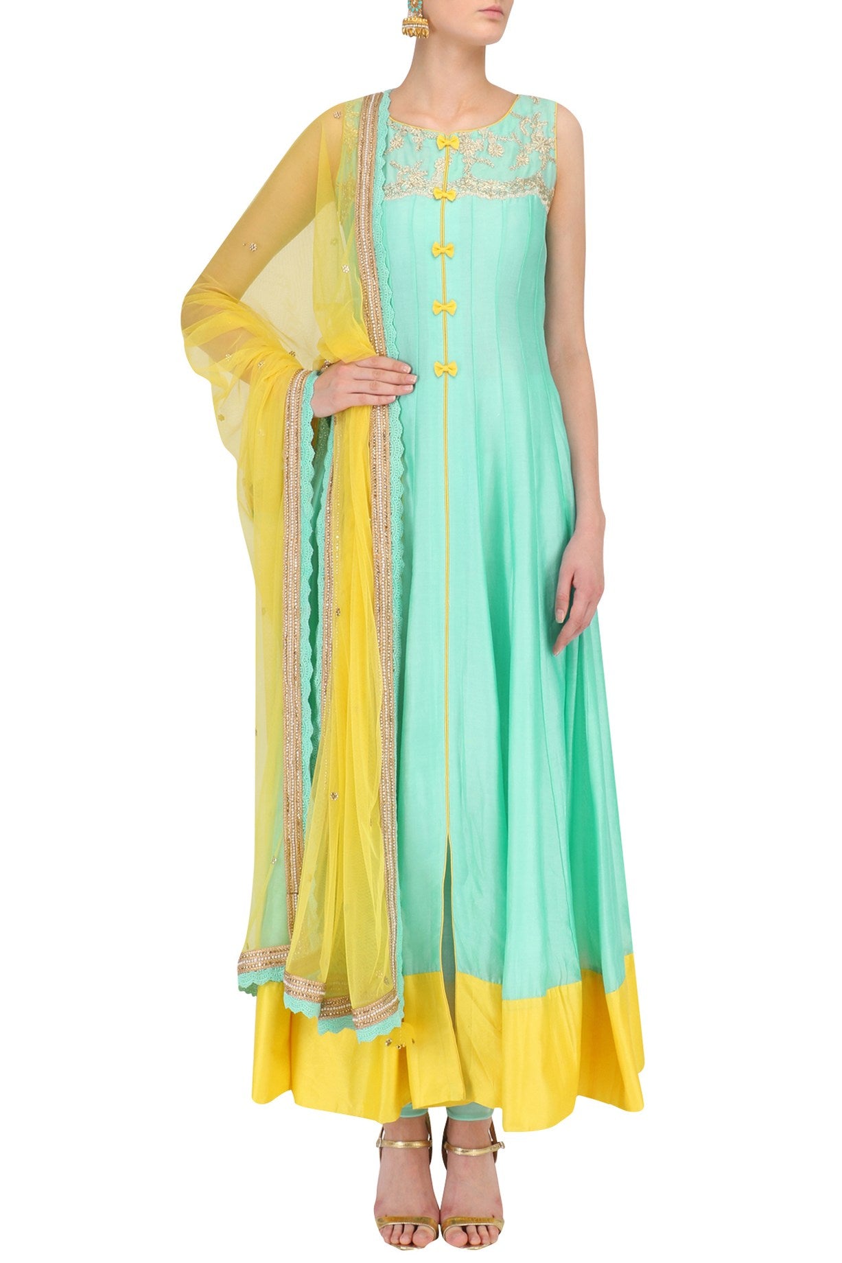 Aqua Lemon Chanderi Full Lenght Kurta Set