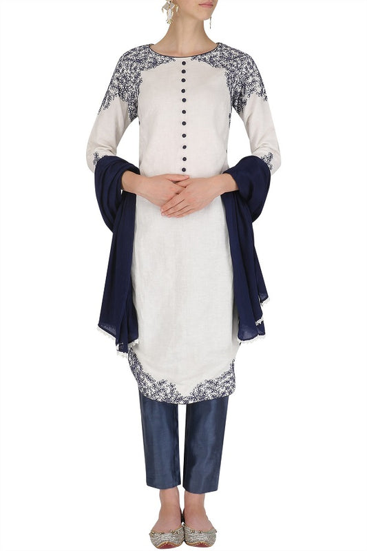 White Blue Linen Kurta set