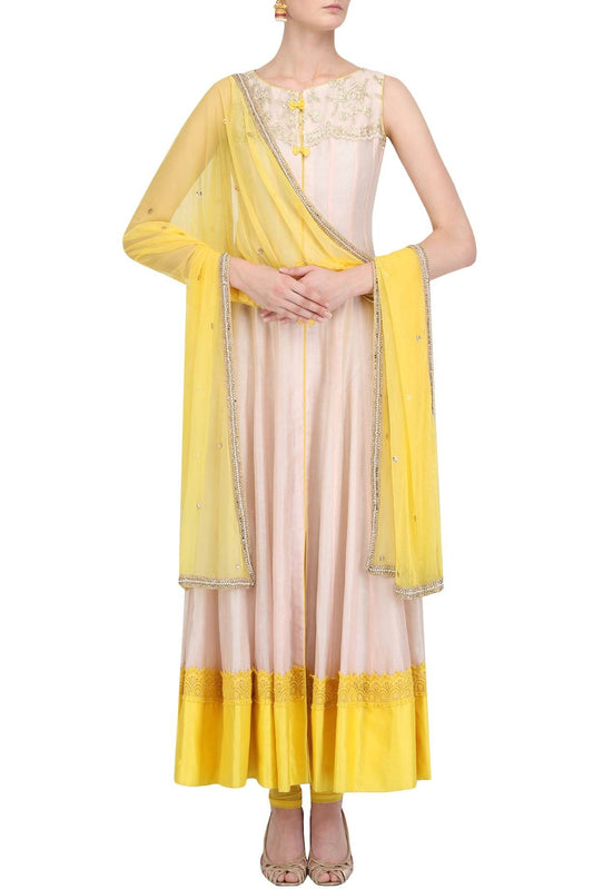 Peach Lemon Chanderi Full Lenght Kurta Set