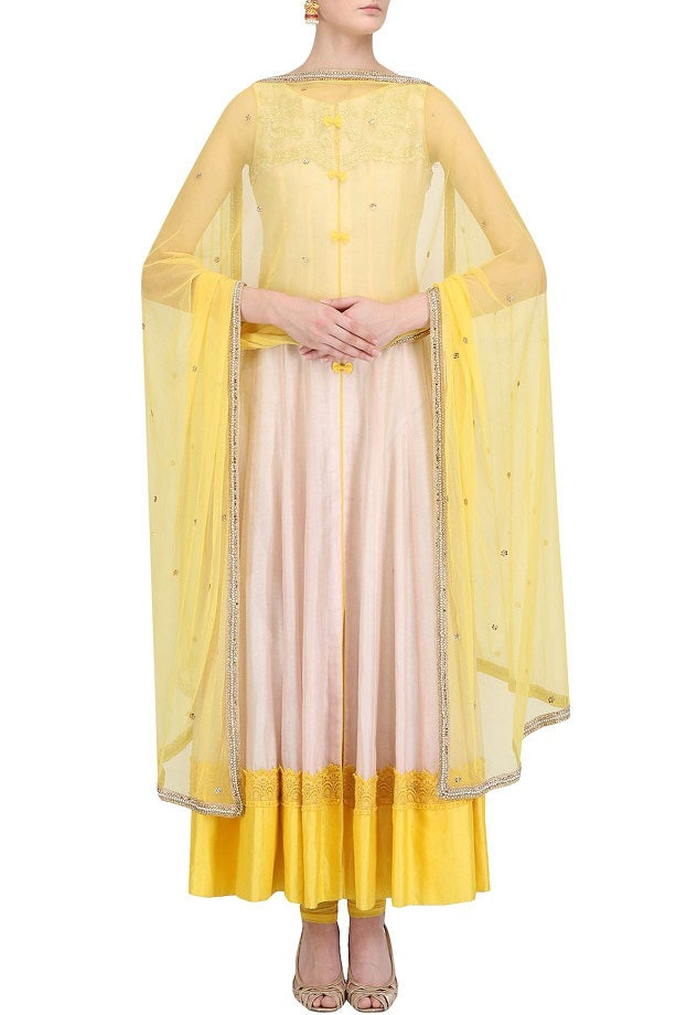 Peach Lemon Chanderi Full Lenght Kurta Set