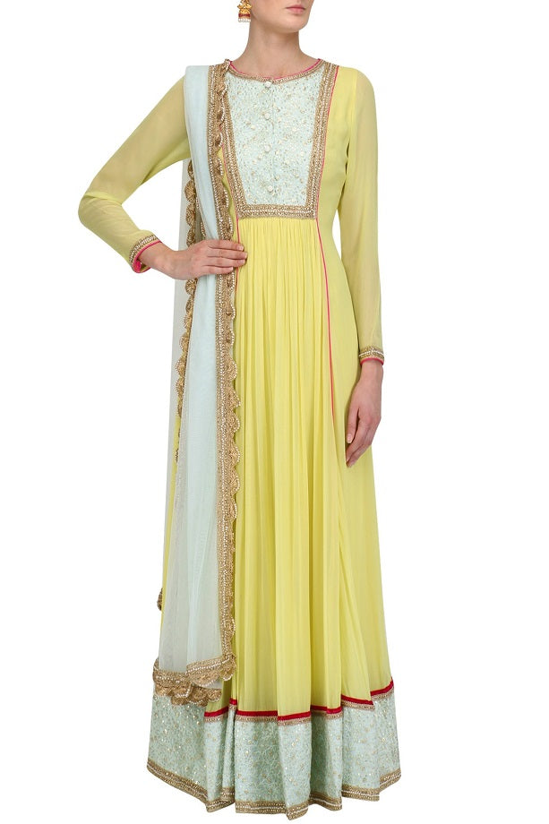 Lemon And Aqua Anarkali Set