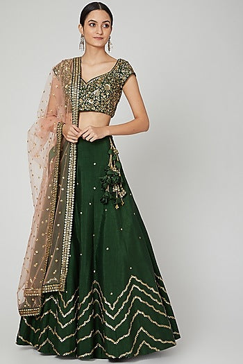 Olive Green Embroidered Lehenga Set