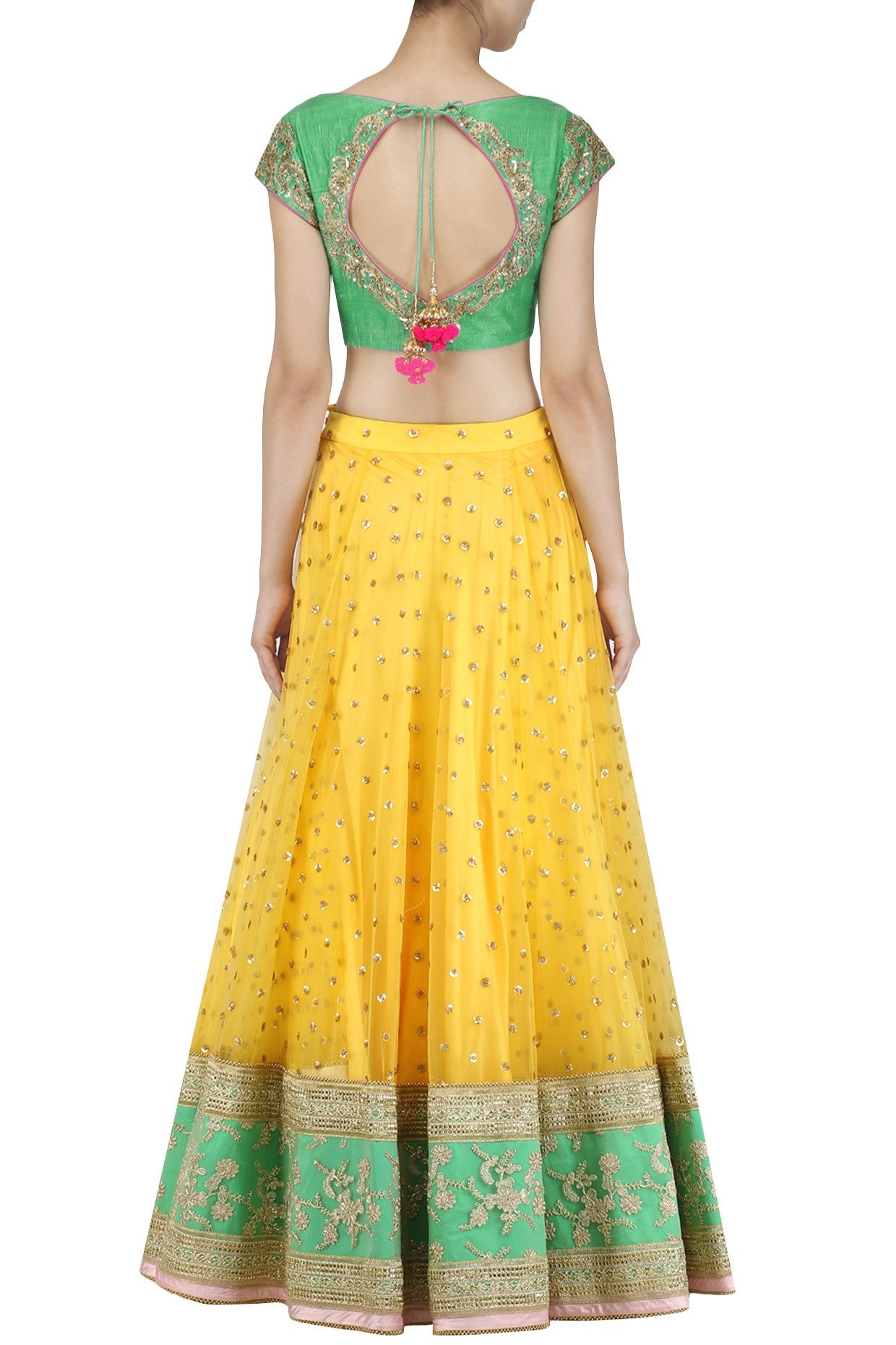 Yellow Skirt Green Blouse Hotpink Dupatta