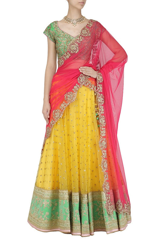 Yellow Skirt Green Blouse Hotpink Dupatta