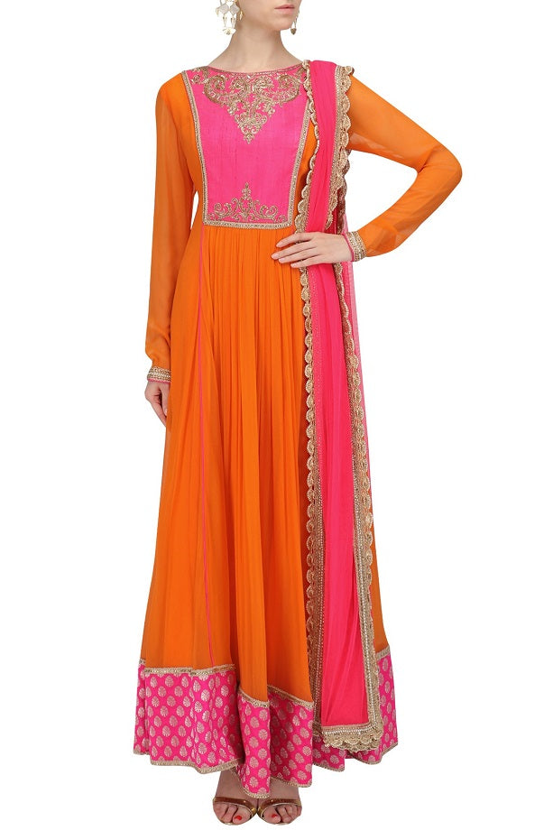 Orange yoke Anarkali Set