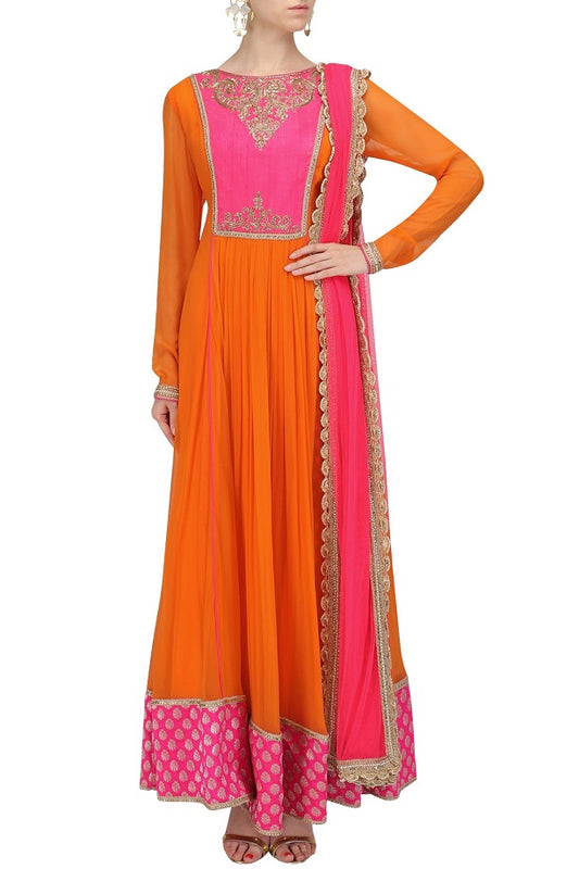 Orange yoke Anarkali Set