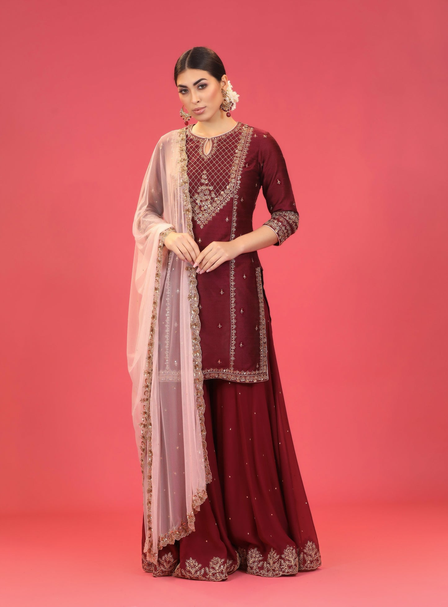 Wine Embroidered Kurta Set