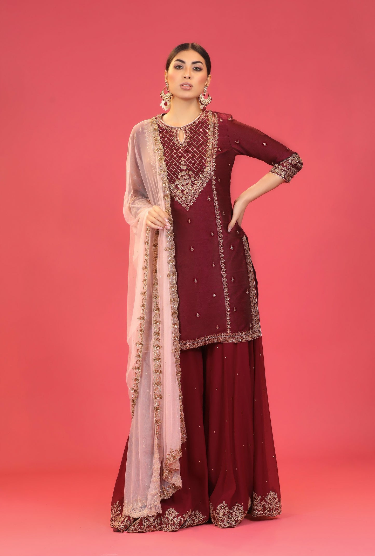 Wine Embroidered Kurta Set