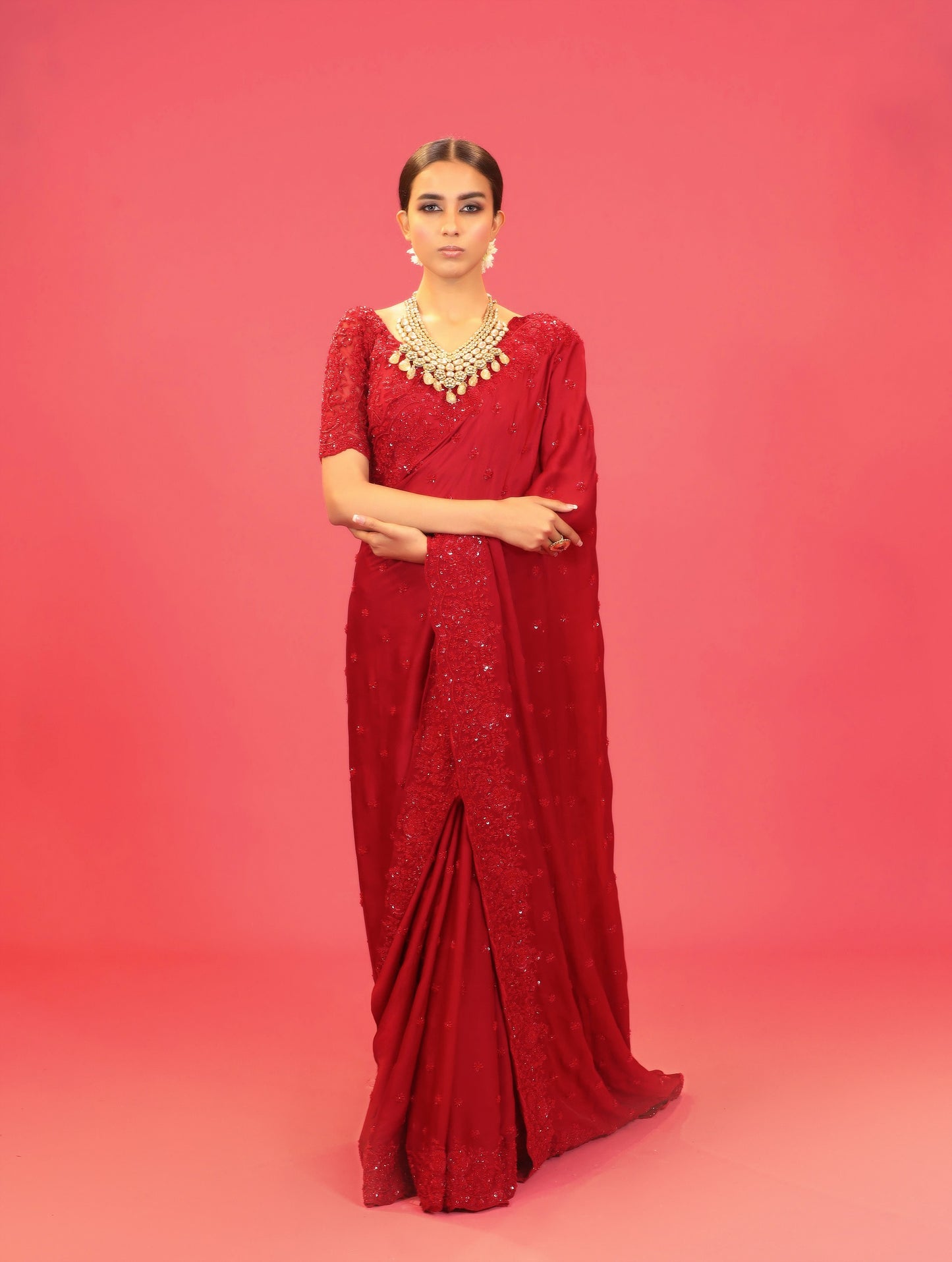 Maroon Embroidered Saree Set