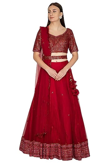 Maroon Embroidered Swarovski Net Lehenga Set